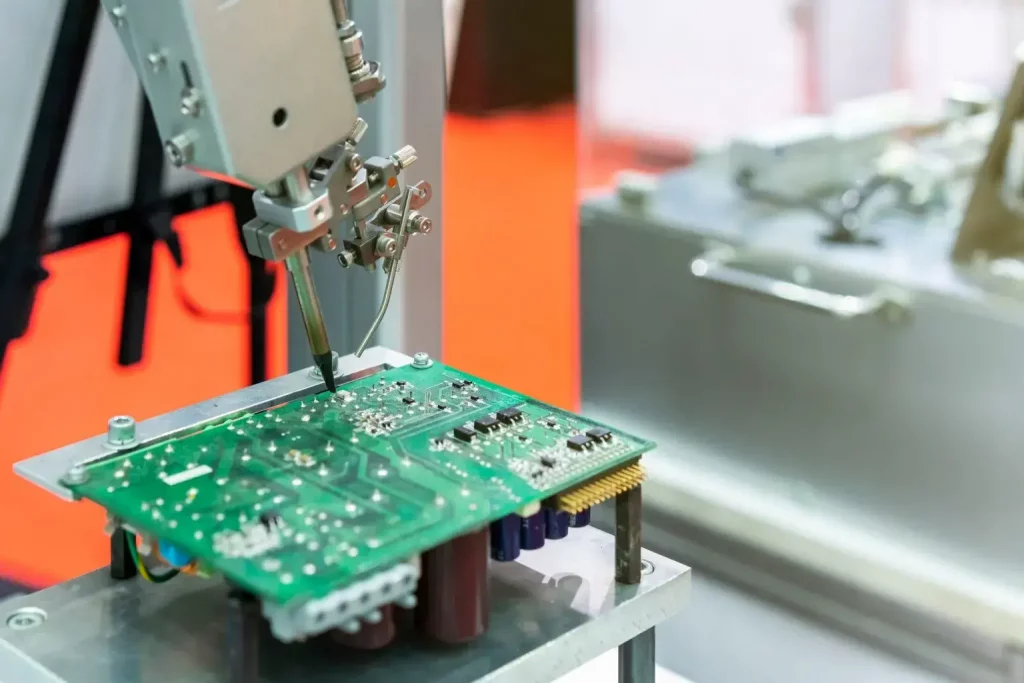 Ein Roboterarm lötet präzise Bauteile auf eine grüne Leiterplatte und demonstriert damit die automatisierte Elektronikfertigung in einer Fabrikumgebung.