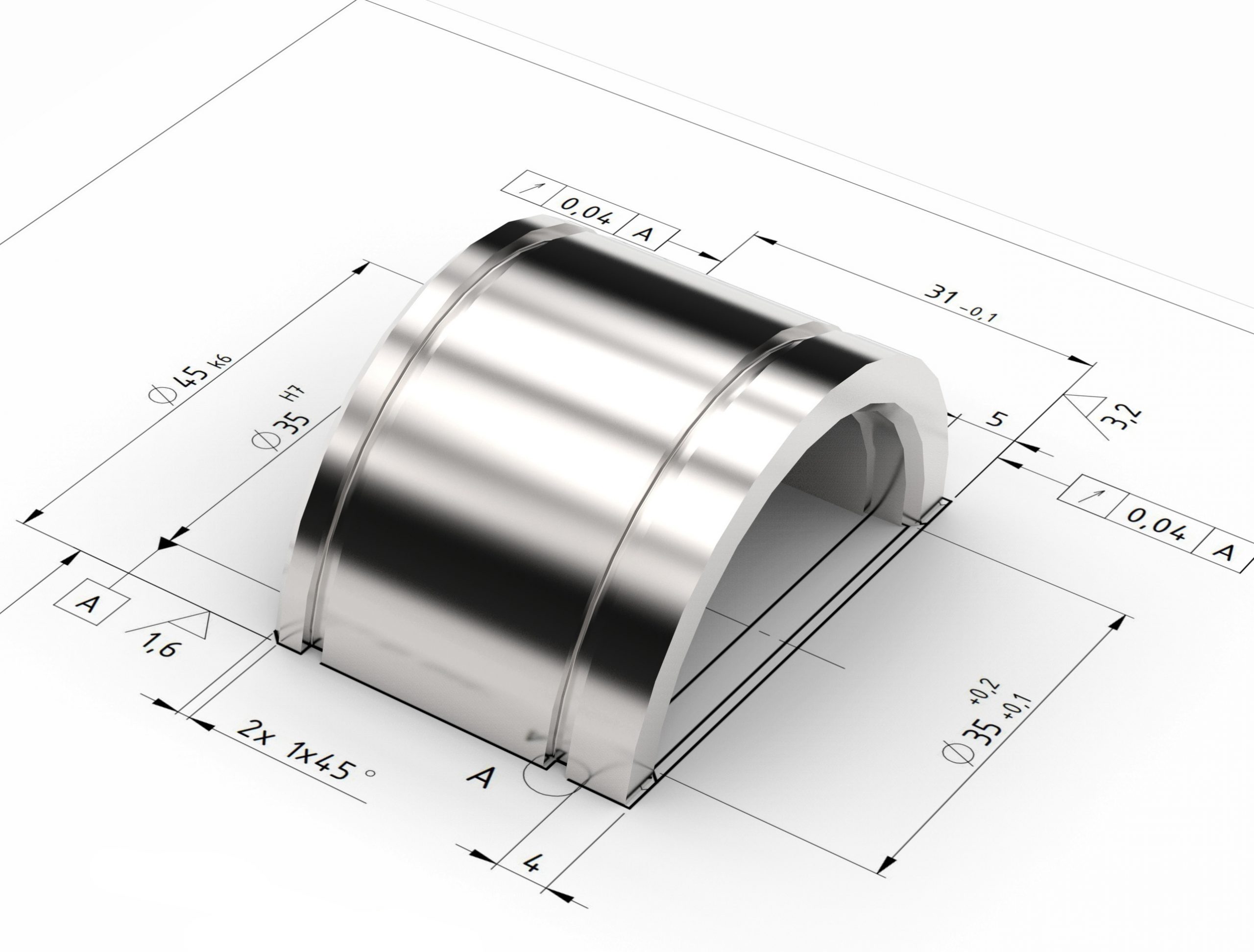 Ein in 3D gerendertes metallisches, gewölbtes mechanisches Teil wird auf einer technischen Zeichnung mit genauen Maßen und Anmerkungen dargestellt. Die Zeichnung zeigt die Abmessungen, Durchmesser und Winkel des Teils.