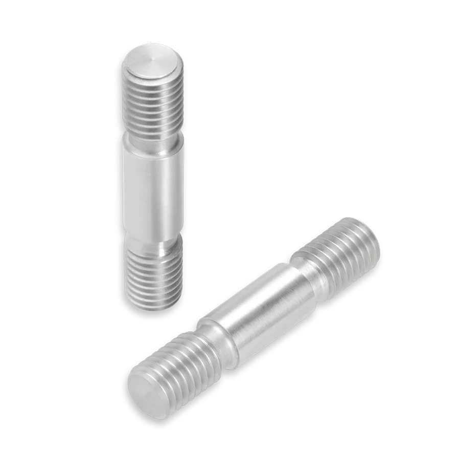 Es sind zwei Bolzen zur Stromzuführung aus Molybdän (Mo) gezeigt. Ein Teil liegend, das andere stehend mit beidseitigem Gewinde. Gefertigt von NHT nach Zeichnung.