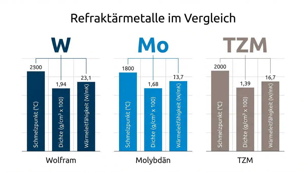 Vergleich der drei Refraktärmetalle Wolfram, Molybdän und TZM hinsichtlich Schmelzpunkt, Dichte und Wärmeleitfähigkeit.
