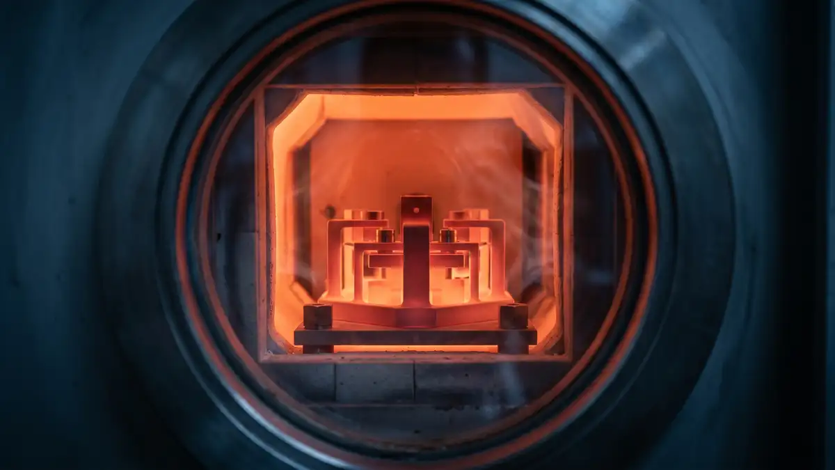 TZM-Halterungen im Inneren eines Hochtemperaturofens bei ca. 1200 °C, glühend und formstabil.