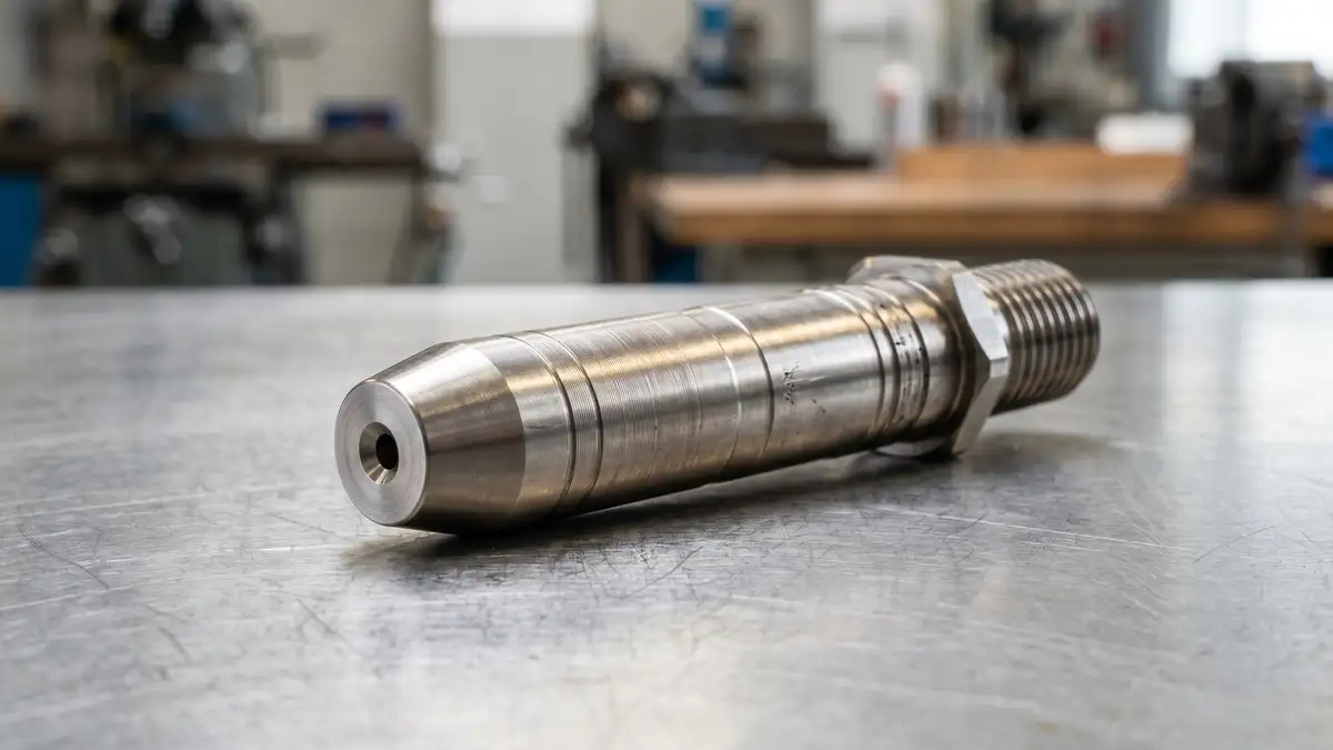 Präzisionsgedrehte TZM-Heißkanaldüse für die Kunststoffspritzgießtechnik mit polierter Bohrung und feinem Gewindesitz.