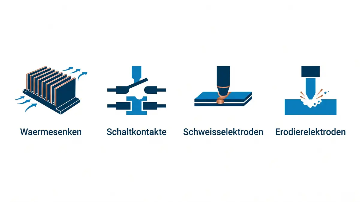 Infografik mit vier Anwendungen von MoCu: Waermesenken, Schaltkontakte, Schweisselektroden und Erodierelektroden.