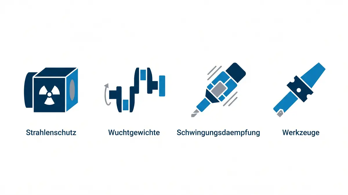 Infografik mit vier Anwendungen von WSM: Strahlenschutz, Wuchtgewichte, Schwingungsdaempfung und Werkzeuge.