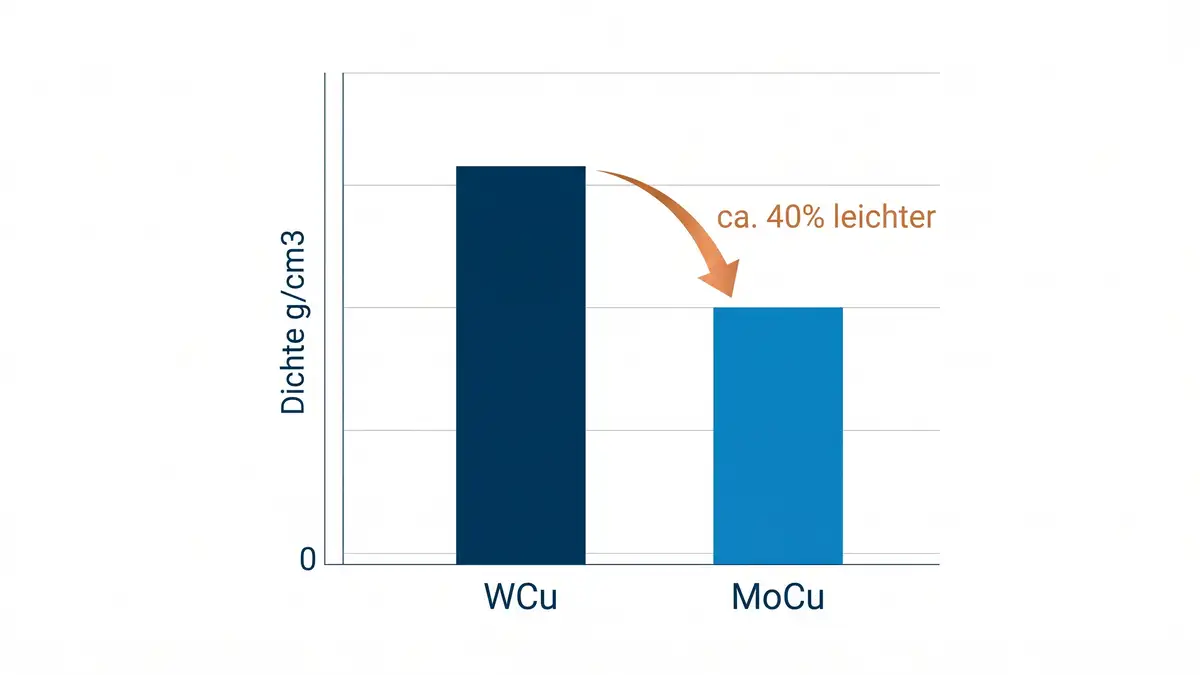 Balkendiagramm: Dichte von MoCu (etwa 10 g/cm3) gegenueber WCu (etwa 15 g/cm3), MoCu ist rund 40 Prozent leichter.
