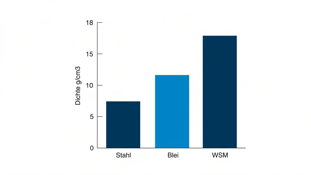 Balkendiagramm: Dichte von Stahl (etwa 7,9), Blei (etwa 11,3) und WSM (etwa 18) in Gramm pro Kubikzentimeter.