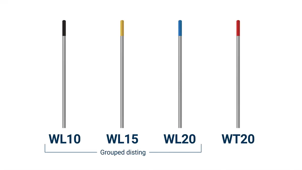 Farbkennzeichnung von Wolframelektroden nach ISO 6848: WL10 schwarz, WL15 gold, WL20 blau, thoriertes WT20 rot.