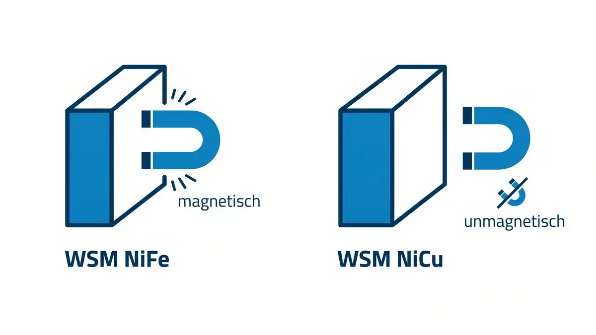 Vergleich: WSM NiFe wird von einem Magneten angezogen (magnetisch), WSM NiCu wird nicht angezogen (unmagnetisch).