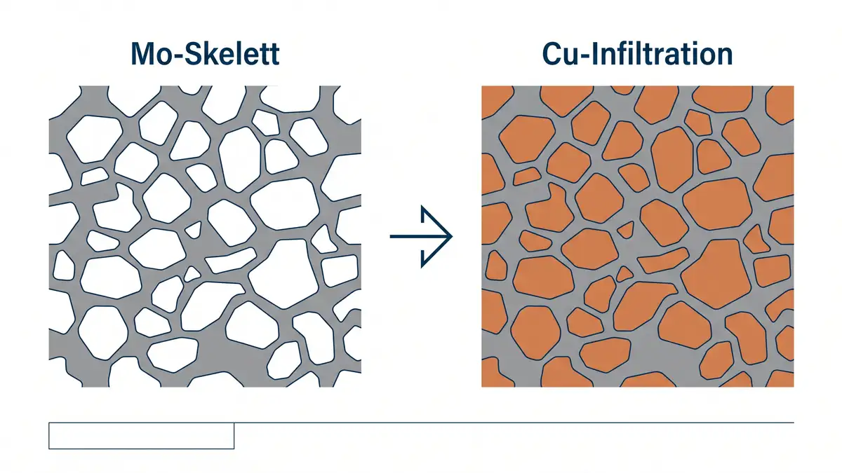 Schema in zwei Schritten: links ein poroeses Molybdaen-Skelett (Mo-Skelett), rechts dasselbe Skelett mit kupfergefuellten Poren (Cu-Infiltration).