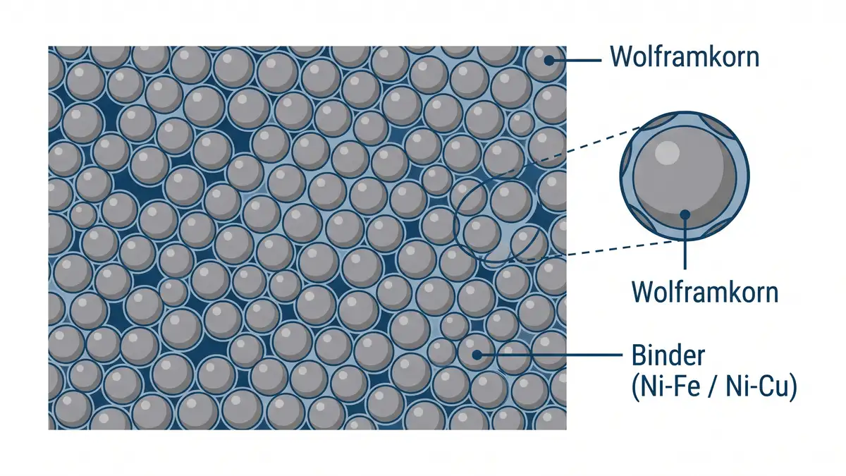 Gefuegeschema: dicht gepackte runde Wolframkoerner, eingebettet in eine duenne, durchgehende Bindephase aus Nickel-Eisen oder Nickel-Kupfer.