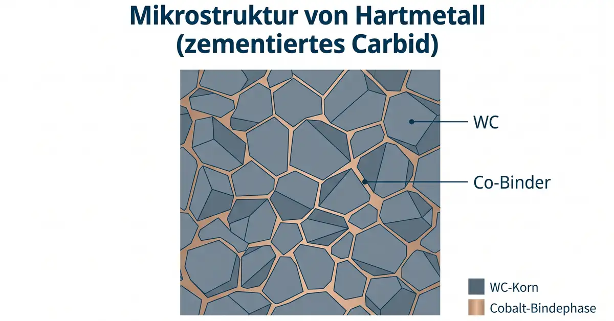 Schematische Darstellung des Hartmetall-Gefueges: eckige WC-Koerner umgeben von einer duennen Cobalt-Bindephase.