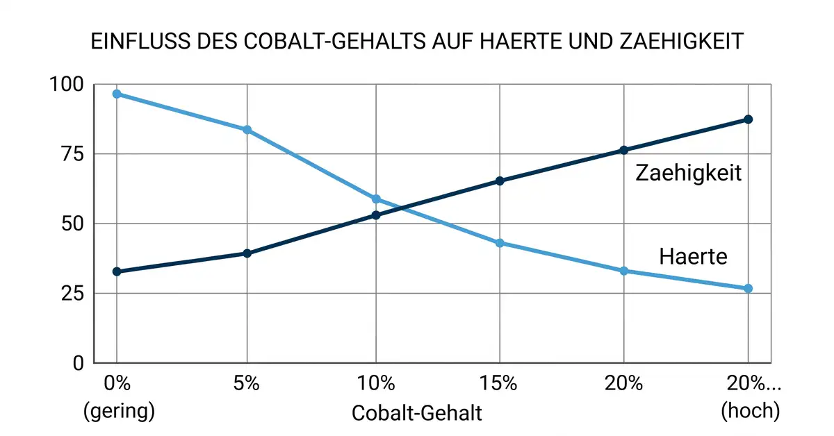 Liniendiagramm: mit steigendem Cobalt-Gehalt nimmt die Zaehigkeit zu und die Haerte ab.