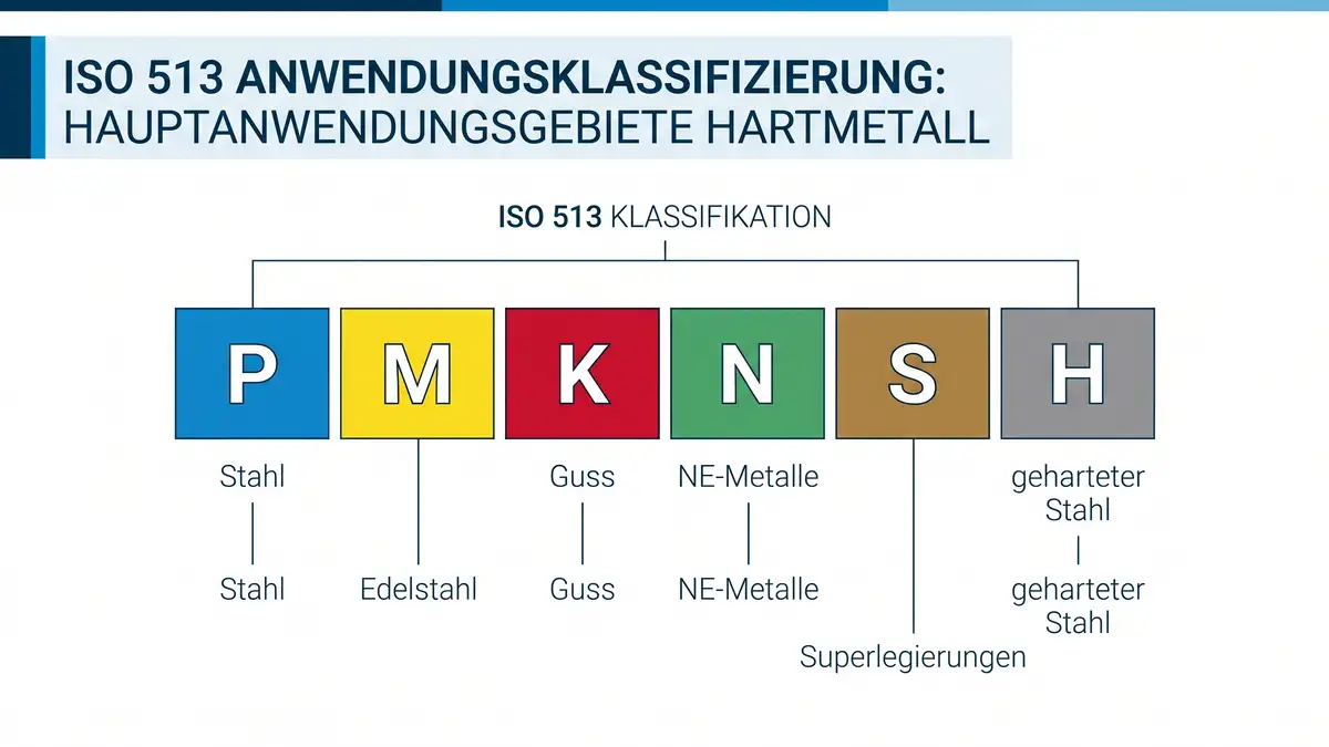 Infografik der ISO-513-Anwendungsklassifizierung mit den sechs farbcodierten Hauptgruppen P, M, K, N, S und H.
