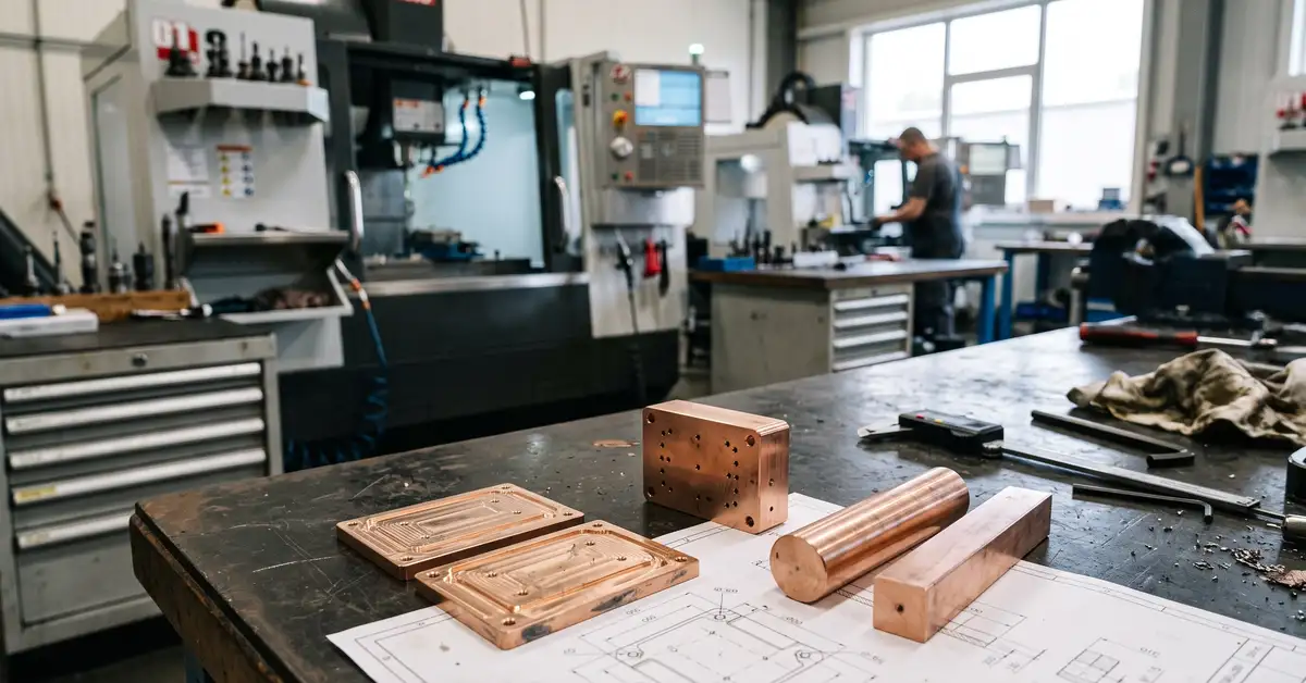 Bauteile aus Molybdaen-Kupfer (MoCu): Waermespreizer-Platten, Rund- und Vierkantstaebe sowie ein Traegersubstrat fuer das Waermemanagement auf einer Werkbank in der Praezisionsfertigung, im Hintergrund eine CNC-Maschine.