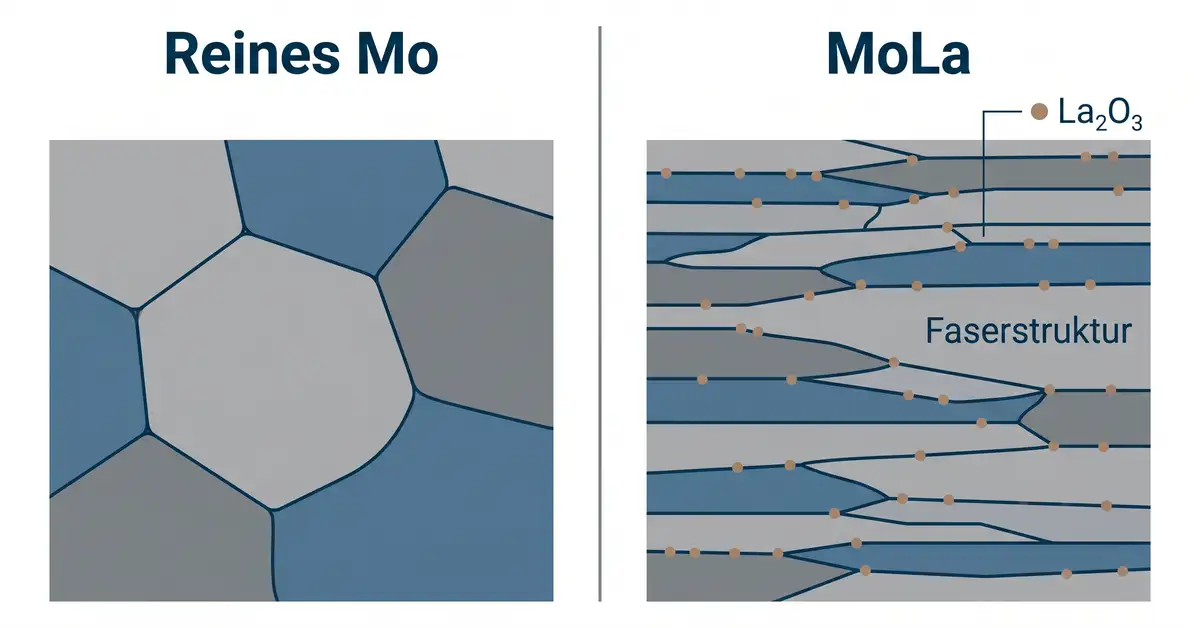 Gefuegeschema: reines Molybdaen mit grobkoernigem rekristallisiertem Gefuege gegenueber MoLa mit langgestreckter, durch La2O3-Partikel stabilisierter Faserstruktur.