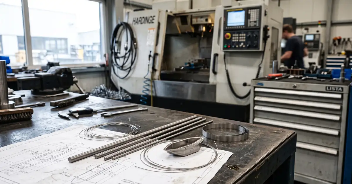 Hochtemperatur-Bauteile aus Molybdaen-Lanthanoxid (MoLa): Heizleiterbaender, duenne Traegerdraehte und ein Verdampferschiffchen auf einer Werkbank in der Praezisionsfertigung, im Hintergrund eine CNC-Maschine.