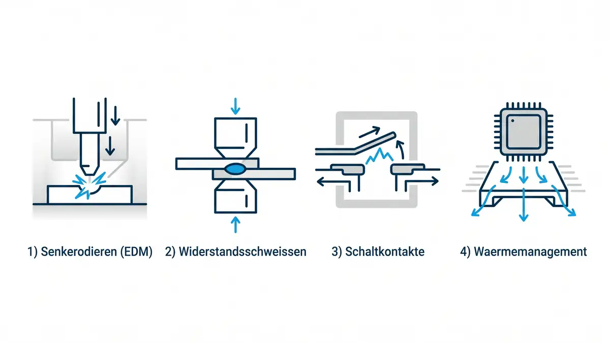 Infografik mit vier Anwendungen von Wolfram-Kupfer: Senkerodieren (EDM), Widerstandsschweissen, Schaltkontakte und Waermemanagement.