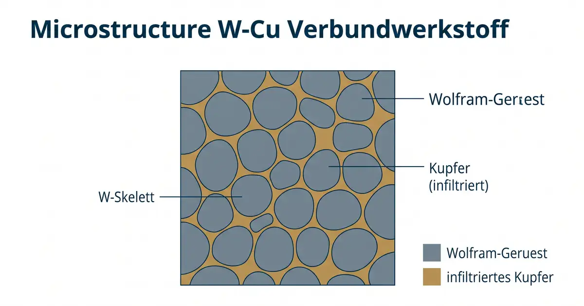 Schematische Darstellung des Wolfram-Kupfer-Gefueges: gesintertes Wolfram-Geruest, dessen Poren mit infiltriertem Kupfer gefuellt sind.