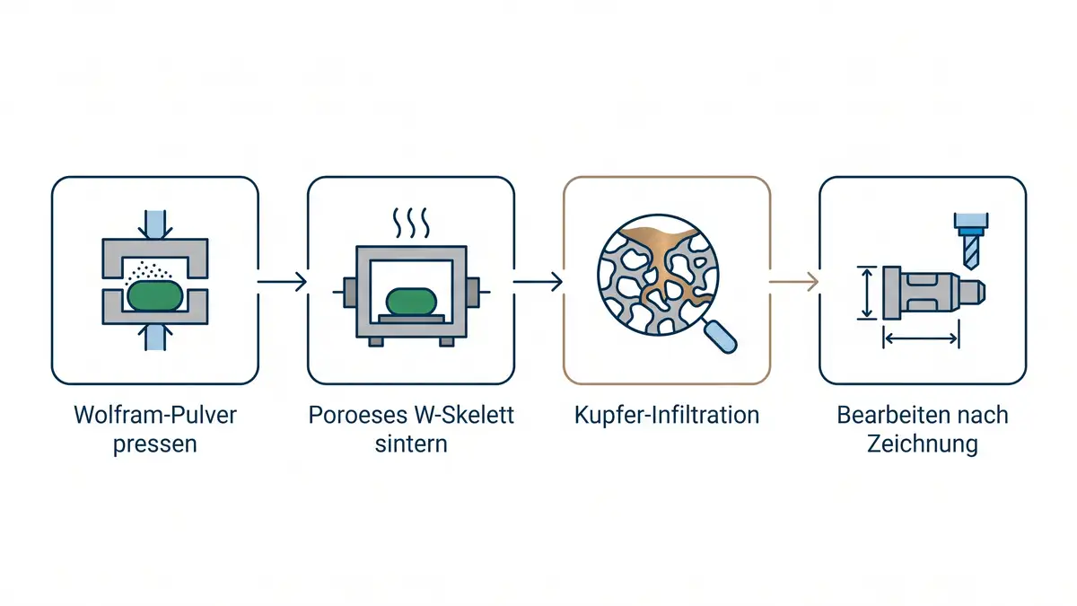 Prozesskette von Wolfram-Kupfer in vier Stufen: Wolframpulver pressen, poroeses W-Skelett sintern, Kupfer-Infiltration, Bearbeiten nach Zeichnung.
