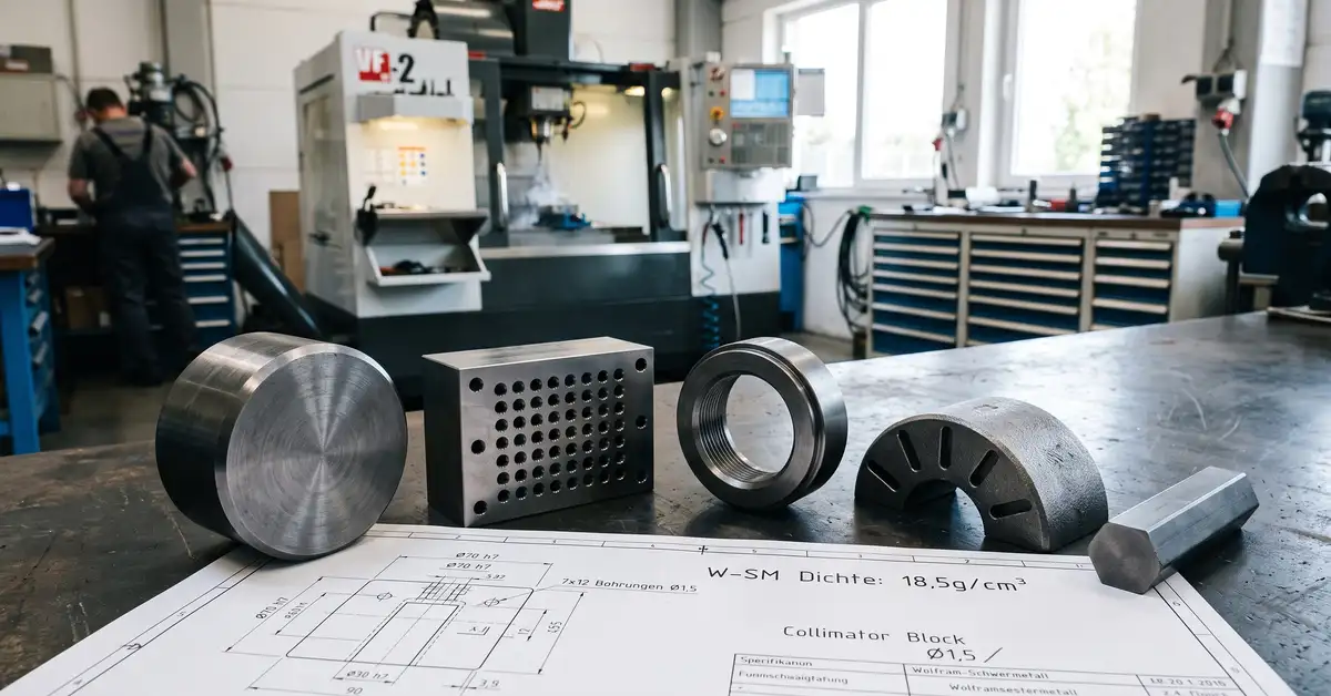 Maschinell bearbeitete Bauteile aus Wolfram-Schwermetall (WSM): Ausgleichsgewicht, Halbschale, Kollimatorblock, Ring und Stab auf einer Werkbank in der Praezisionsfertigung, im Hintergrund eine CNC-Maschine.