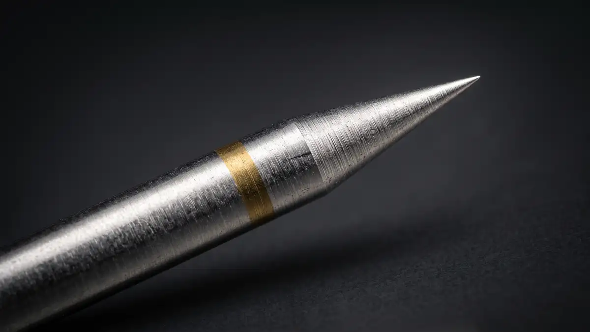 Makroaufnahme der fein angeschliffenen Spitze einer Wolfram-Lanthanoxid-Elektrode (WL) mit goldener Kennfarbe und laengsgeschliffener Oberflaeche.